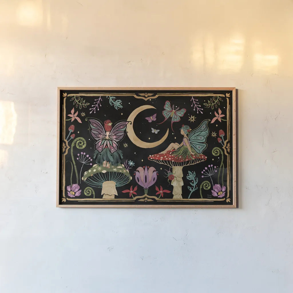 Garden Of Wonder I Dark by Dina June. shown as a paper print in a natural frame. Available as a archival giclee rolled canvas, fine art paper, or poster print. SKU 84758i.