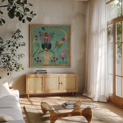 Garden Of Wonder II by Dina June. Shown in a natural wood frame in a cozy modern living room. Available as an archival giclee rolled canvas, fine art paper, or poster print. SKU 84754a.