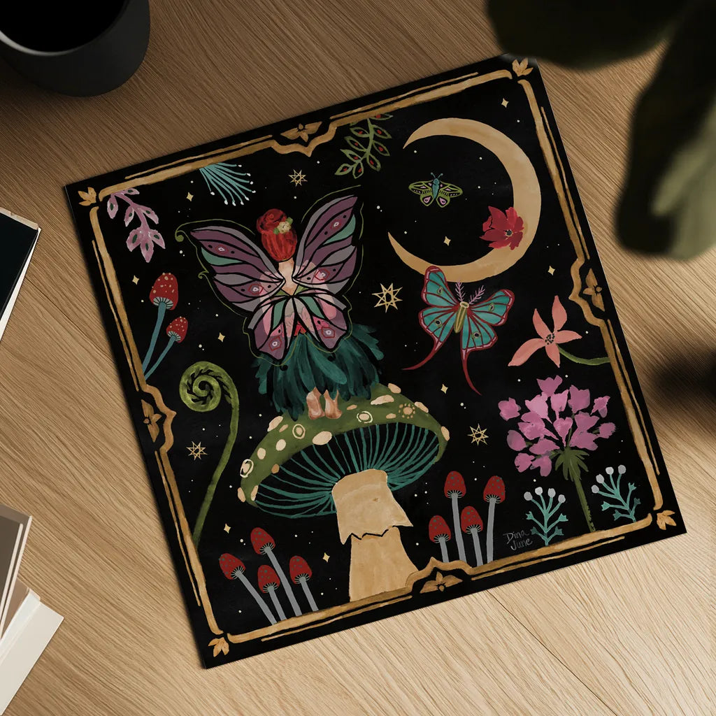 Garden Of Wonder II Dark by Dina June. Shown as a detailed flat fine art print, highlighting archival giclee quality. Available as an archival giclee rolled canvas, fine art paper, or poster print. SKU 84759a.