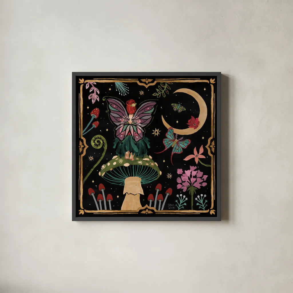 Garden Of Wonder II Dark by Dina June. Shown in a sleek black glass frame for a contemporary gallery look. Available as an archival giclee rolled canvas, fine art paper, or poster print. SKU 84759a.