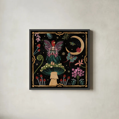 Garden Of Wonder II Dark by Dina June. Shown in a sleek black glass frame for a contemporary gallery look. Available as an archival giclee rolled canvas, fine art paper, or poster print. SKU 84759a.