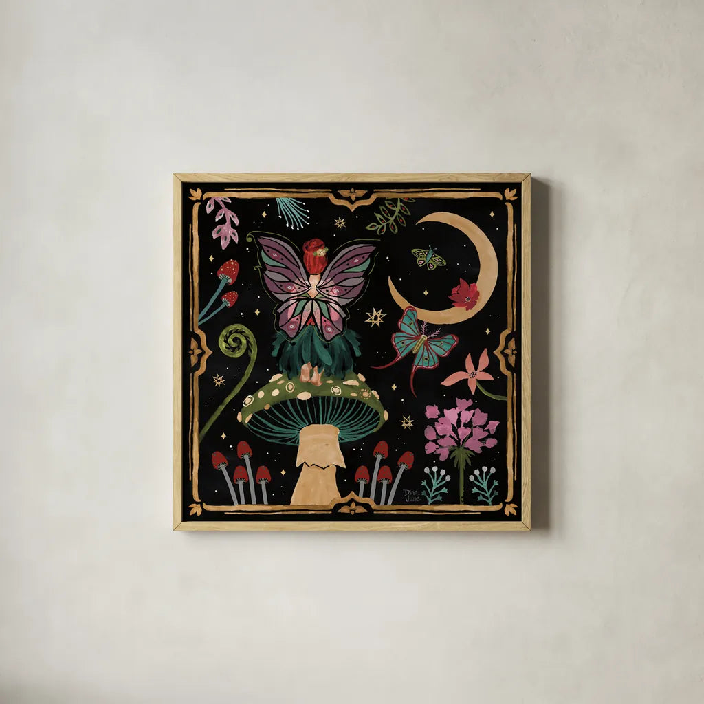 Garden Of Wonder II Dark by Dina June. Shown in a natural wood glass frame for a timeless modern aesthetic. Available as an archival giclee rolled canvas, fine art paper, or poster print. SKU 84759a.