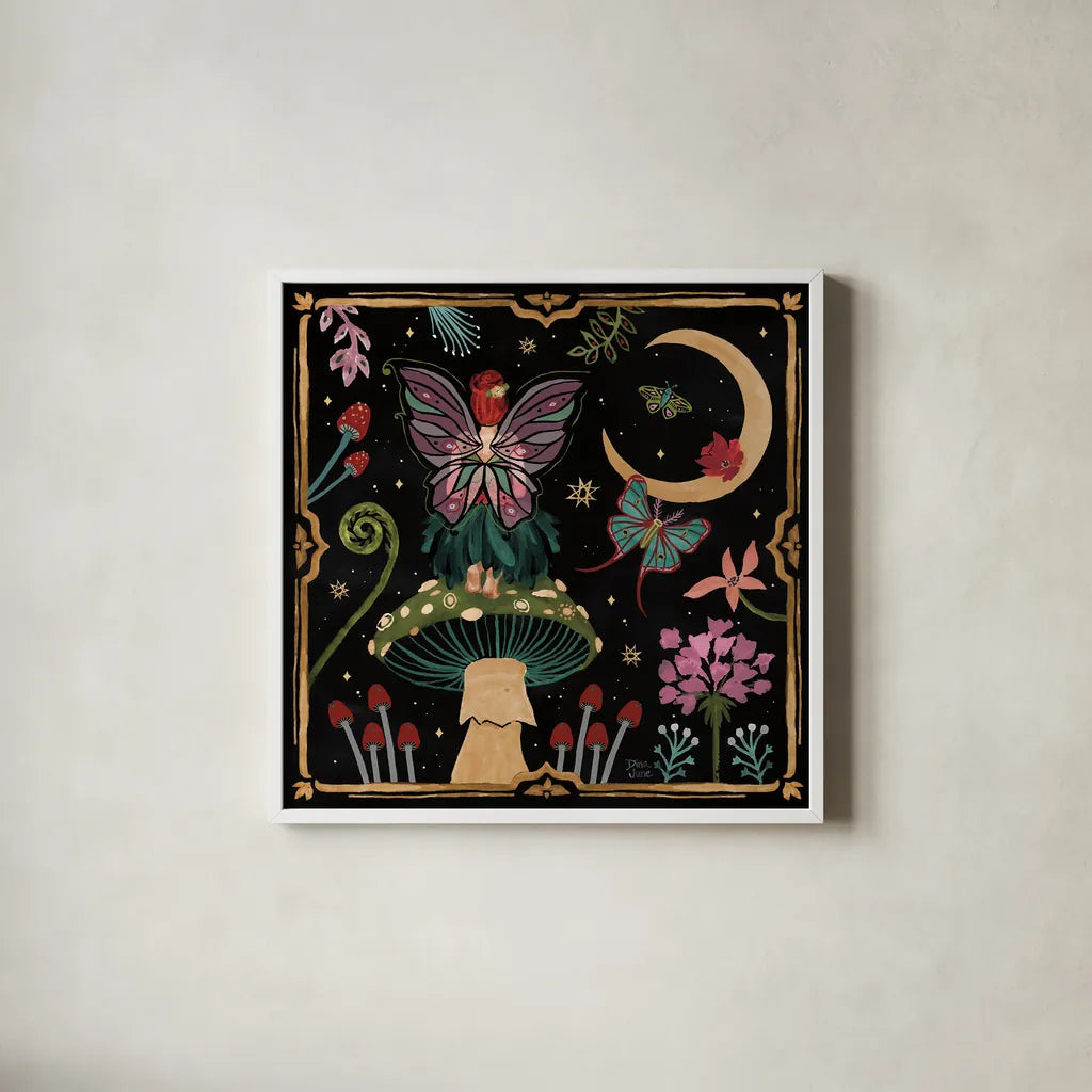 Garden Of Wonder II Dark by Dina June. Shown in a crisp white glass frame for a clean and minimalist style. Available as an archival giclee rolled canvas, fine art paper, or poster print. SKU 84759a.
