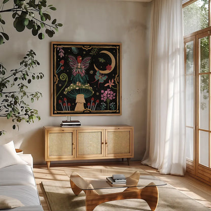 Garden Of Wonder II Dark by Dina June. Shown in a natural wood frame in a cozy modern living room. Available as an archival giclee rolled canvas, fine art paper, or poster print. SKU 84759a.