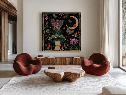 Garden Of Wonder II Dark by Dina June. Shown as extra-large giant wall art in a modern living room. Available as an archival giclee rolled canvas, fine art paper, or poster print. SKU 84759a.