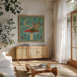 Garden Of Wonder III by Dina June. Shown in a natural wood frame in a cozy modern living room. Available as an archival giclee rolled canvas, fine art paper, or poster print. SKU 84755a.