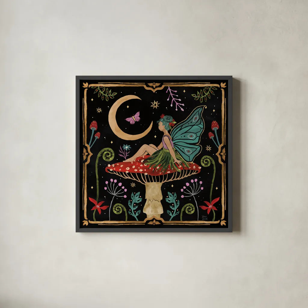 Garden Of Wonder III Dark by Dina June. Shown in a sleek black glass frame for a contemporary gallery look. Available as an archival giclee rolled canvas, fine art paper, or poster print. SKU 84760a.