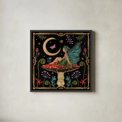 Garden Of Wonder III Dark by Dina June. Shown in a sleek black glass frame for a contemporary gallery look. Available as an archival giclee rolled canvas, fine art paper, or poster print. SKU 84760a.