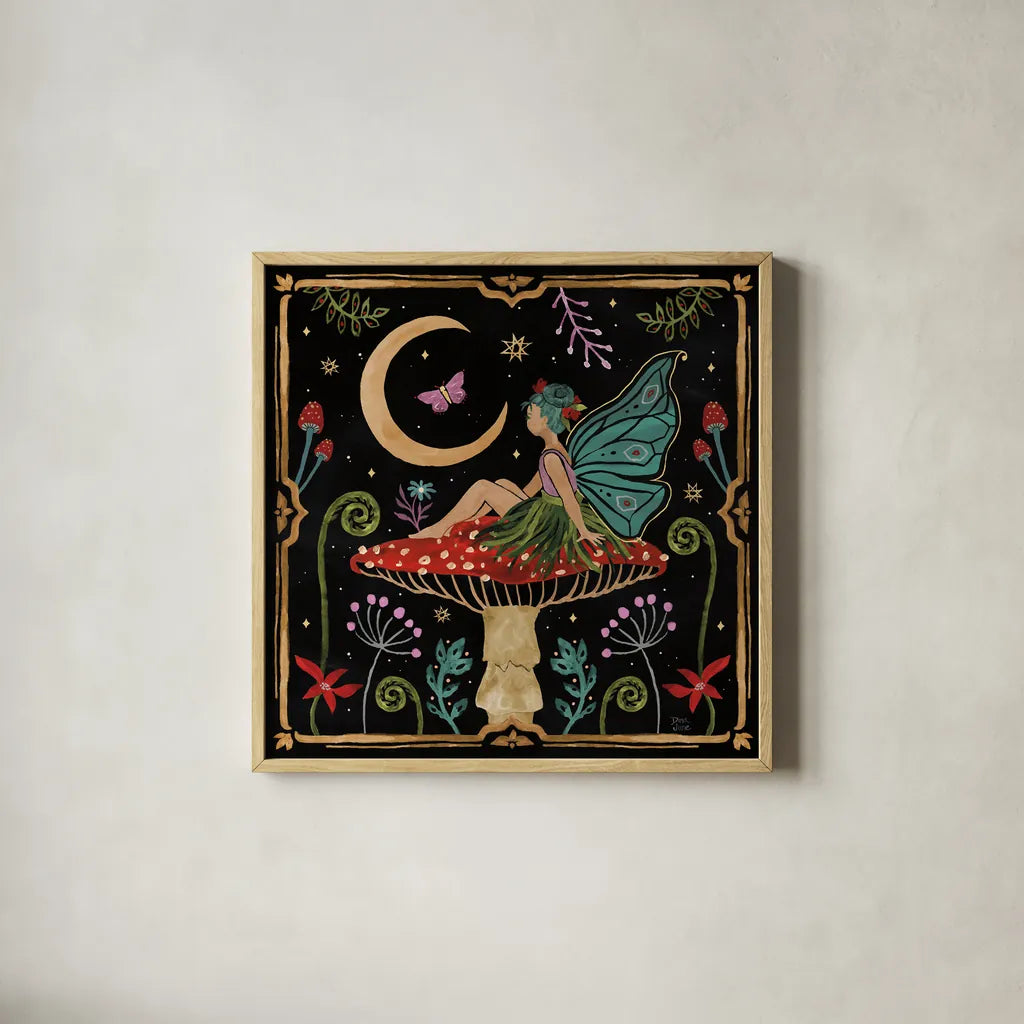 Garden Of Wonder III Dark by Dina June. Shown in a natural wood glass frame for a timeless modern aesthetic. Available as an archival giclee rolled canvas, fine art paper, or poster print. SKU 84760a.