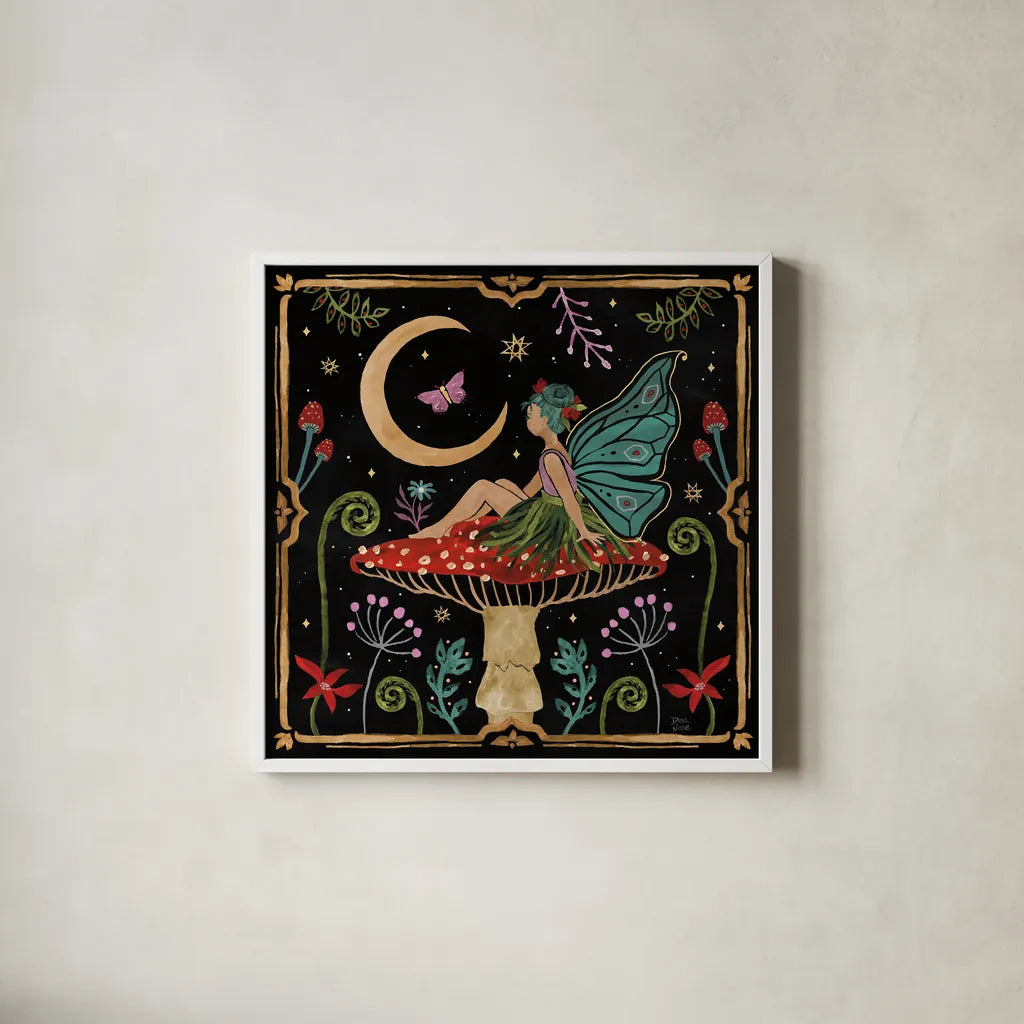 Garden Of Wonder III Dark by Dina June. Shown in a crisp white glass frame for a clean and minimalist style. Available as an archival giclee rolled canvas, fine art paper, or poster print. SKU 84760a.