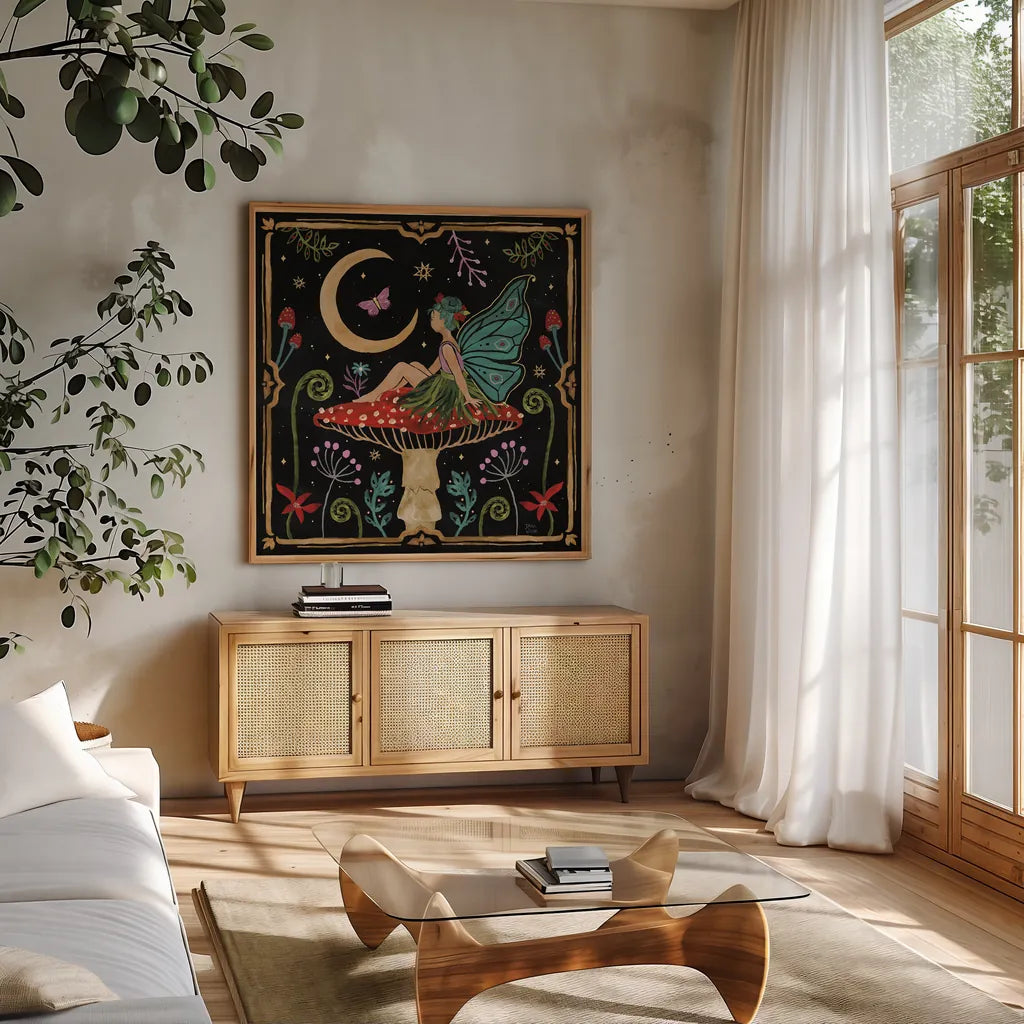 Garden Of Wonder III Dark by Dina June. Shown in a natural wood frame in a cozy modern living room. Available as an archival giclee rolled canvas, fine art paper, or poster print. SKU 84760a.
