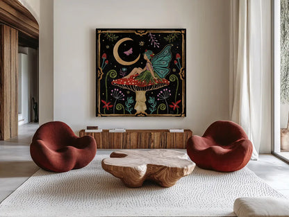 Garden Of Wonder III Dark by Dina June. Shown as extra-large giant wall art in a modern living room. Available as an archival giclee rolled canvas, fine art paper, or poster print. SKU 84760a.