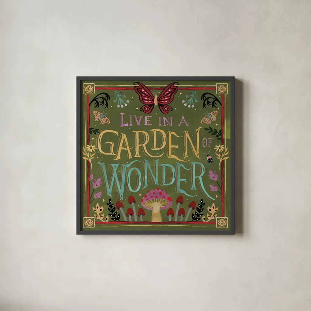 Garden Of Wonder V by Dina June. Shown in a sleek black glass frame for a contemporary gallery look. Available as an archival giclee rolled canvas, fine art paper, or poster print. SKU 84757a.