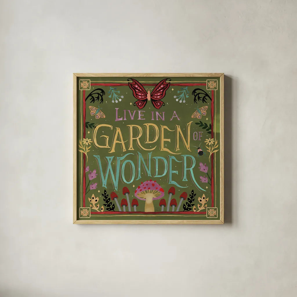 Garden Of Wonder V by Dina June. Shown in a natural wood glass frame for a timeless modern aesthetic. Available as an archival giclee rolled canvas, fine art paper, or poster print. SKU 84757a.