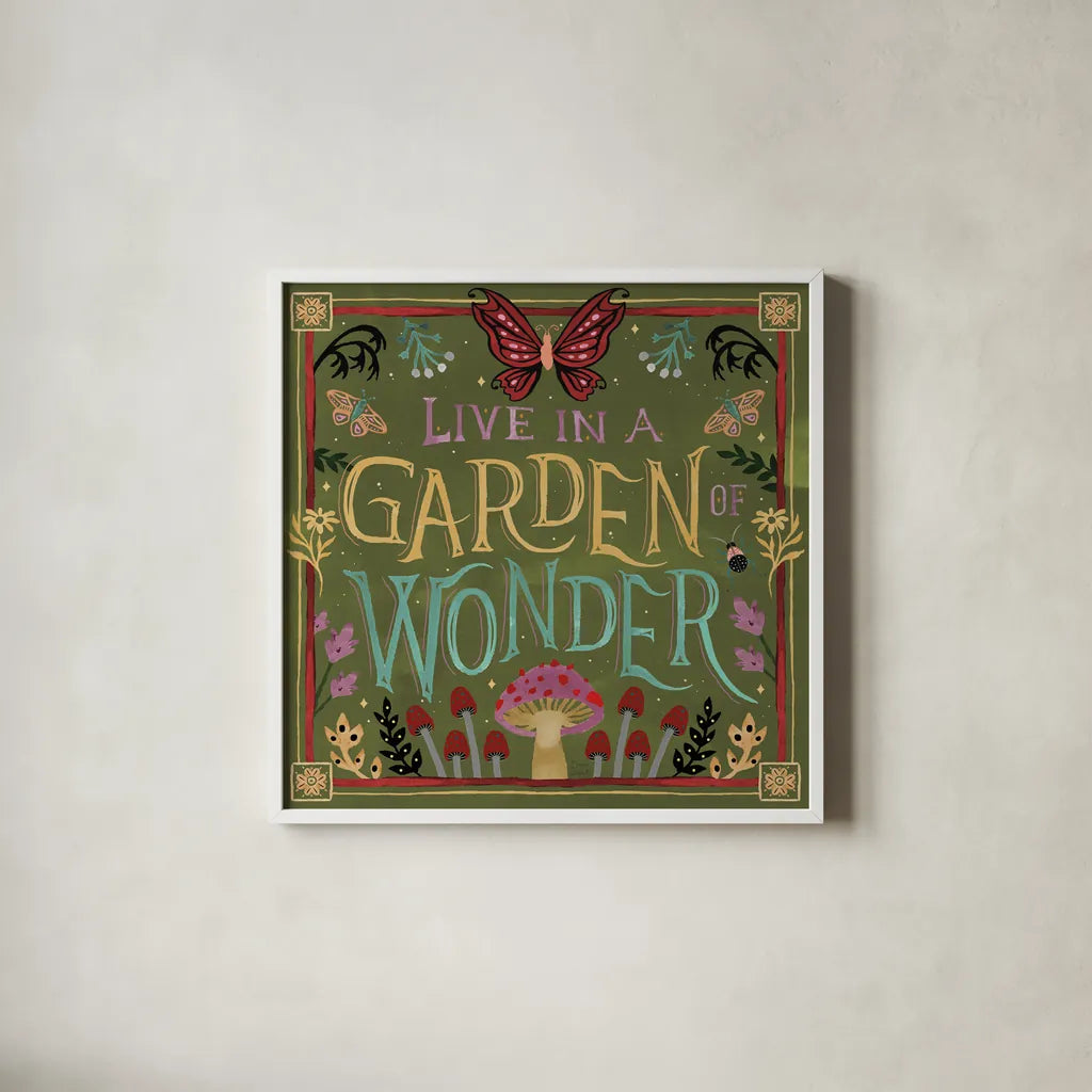 Garden Of Wonder V by Dina June. Shown in a crisp white glass frame for a clean and minimalist style. Available as an archival giclee rolled canvas, fine art paper, or poster print. SKU 84757a.