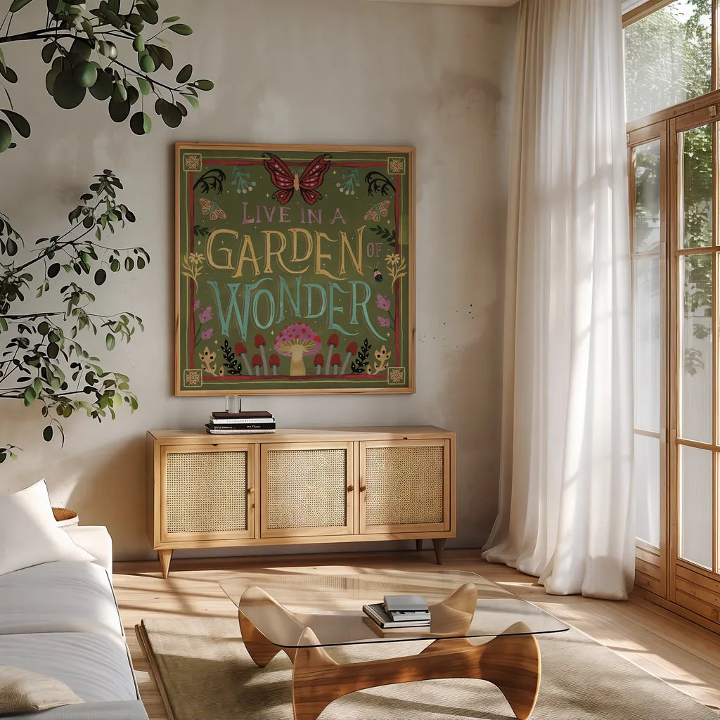 Garden Of Wonder V by Dina June. Shown in a natural wood frame in a cozy modern living room. Available as an archival giclee rolled canvas, fine art paper, or poster print. SKU 84757a.
