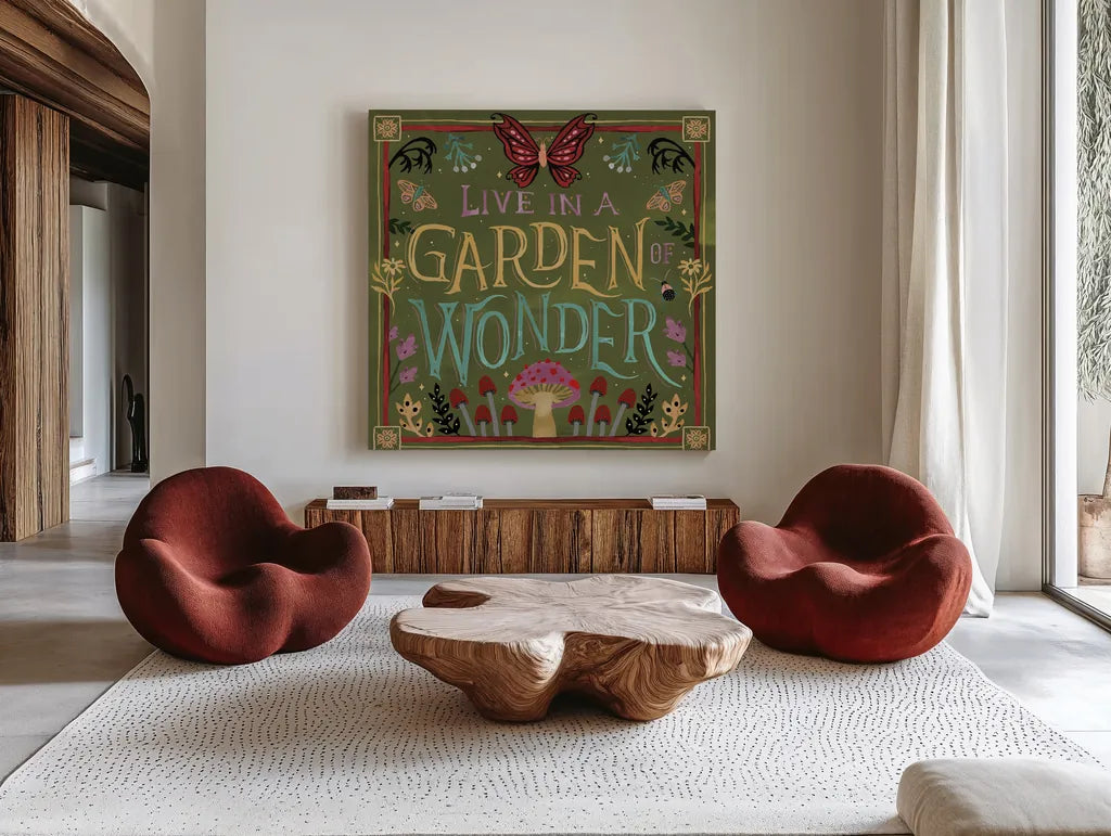 Garden Of Wonder V by Dina June. Shown as extra-large giant wall art in a modern living room. Available as an archival giclee rolled canvas, fine art paper, or poster print. SKU 84757a.