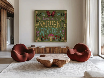 Garden Of Wonder V by Dina June. Shown as extra-large giant wall art in a modern living room. Available as an archival giclee rolled canvas, fine art paper, or poster print. SKU 84757a.