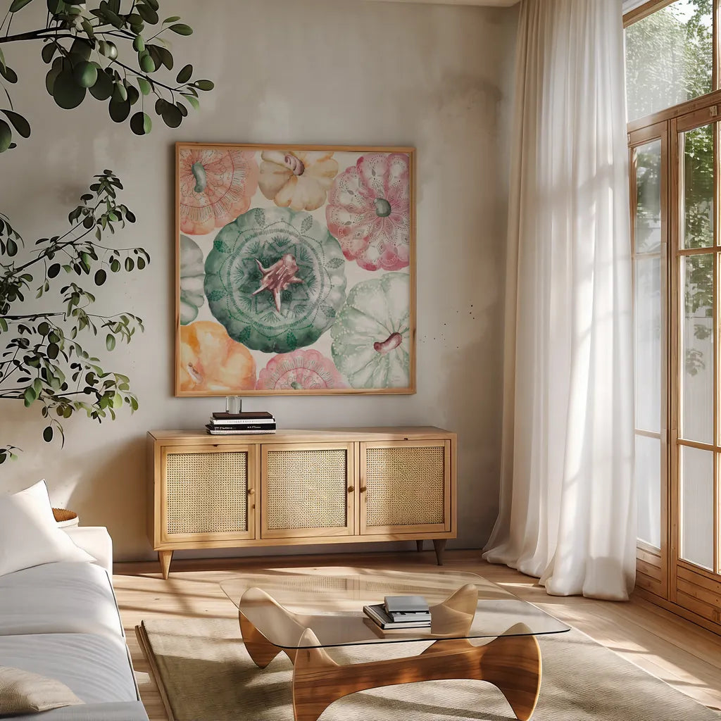 Harvest Touch II by Dina June. Shown in a natural wood frame in a cozy modern living room. Available as an archival giclee rolled canvas, fine art paper, or poster print. SKU 71115a.