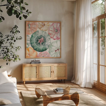 Harvest Touch II by Dina June. Shown in a natural wood frame in a cozy modern living room. Available as an archival giclee rolled canvas, fine art paper, or poster print. SKU 71115a.