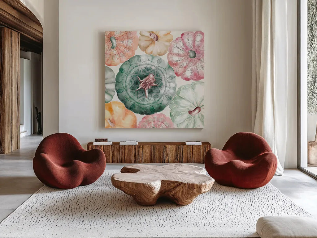 Harvest Touch II by Dina June. Shown as extra-large giant wall art in a modern living room. Available as an archival giclee rolled canvas, fine art paper, or poster print. SKU 71115a.