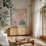 Harvest Touch III by Dina June. Shown in a natural wood frame in a cozy modern living room. Available as an archival giclee rolled canvas, fine art paper, or poster print. SKU 71116a.