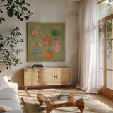 Harvest Whimsy III by Dina June. Shown in a natural wood frame in a cozy modern living room. Available as an archival giclee rolled canvas, fine art paper, or poster print. SKU 91922a.
