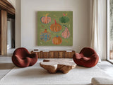 Harvest Whimsy III by Dina June. Shown as extra-large giant wall art in a modern living room. Available as an archival giclee rolled canvas, fine art paper, or poster print. SKU 91922a.