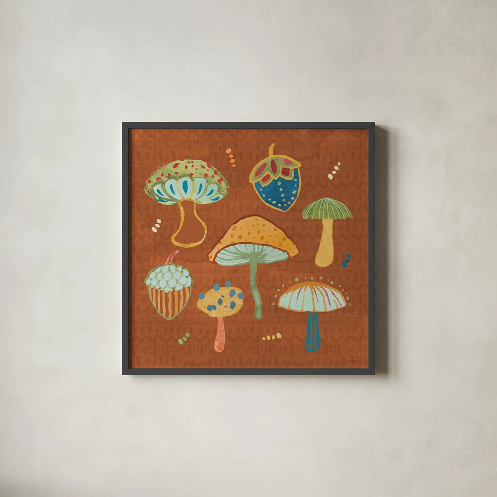 Harvest Whimsy IV by Dina June. Shown in a sleek black glass frame for a contemporary gallery look. Available as an archival giclee rolled canvas, fine art paper, or poster print. SKU 91923a.