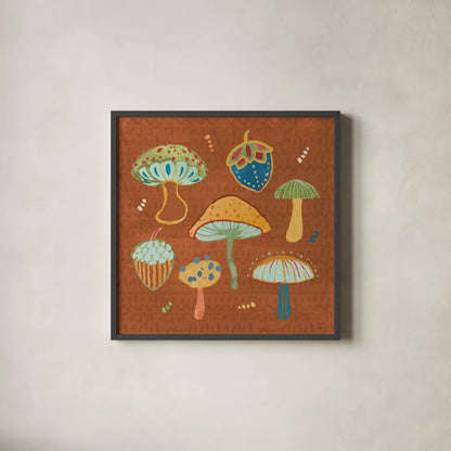Harvest Whimsy IV by Dina June. Shown in a sleek black glass frame for a contemporary gallery look. Available as an archival giclee rolled canvas, fine art paper, or poster print. SKU 91923a.