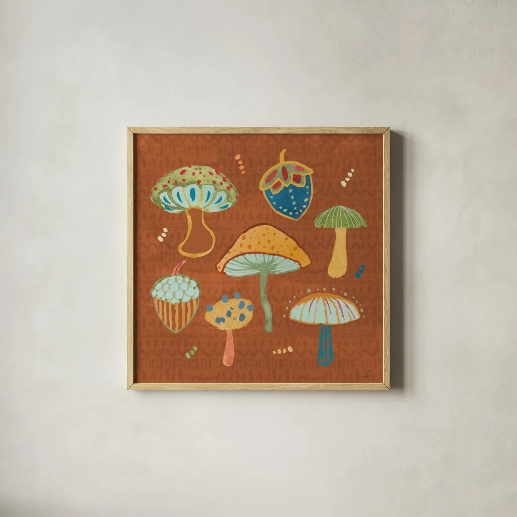 Harvest Whimsy IV by Dina June. Shown in a natural wood glass frame for a timeless modern aesthetic. Available as an archival giclee rolled canvas, fine art paper, or poster print. SKU 91923a.