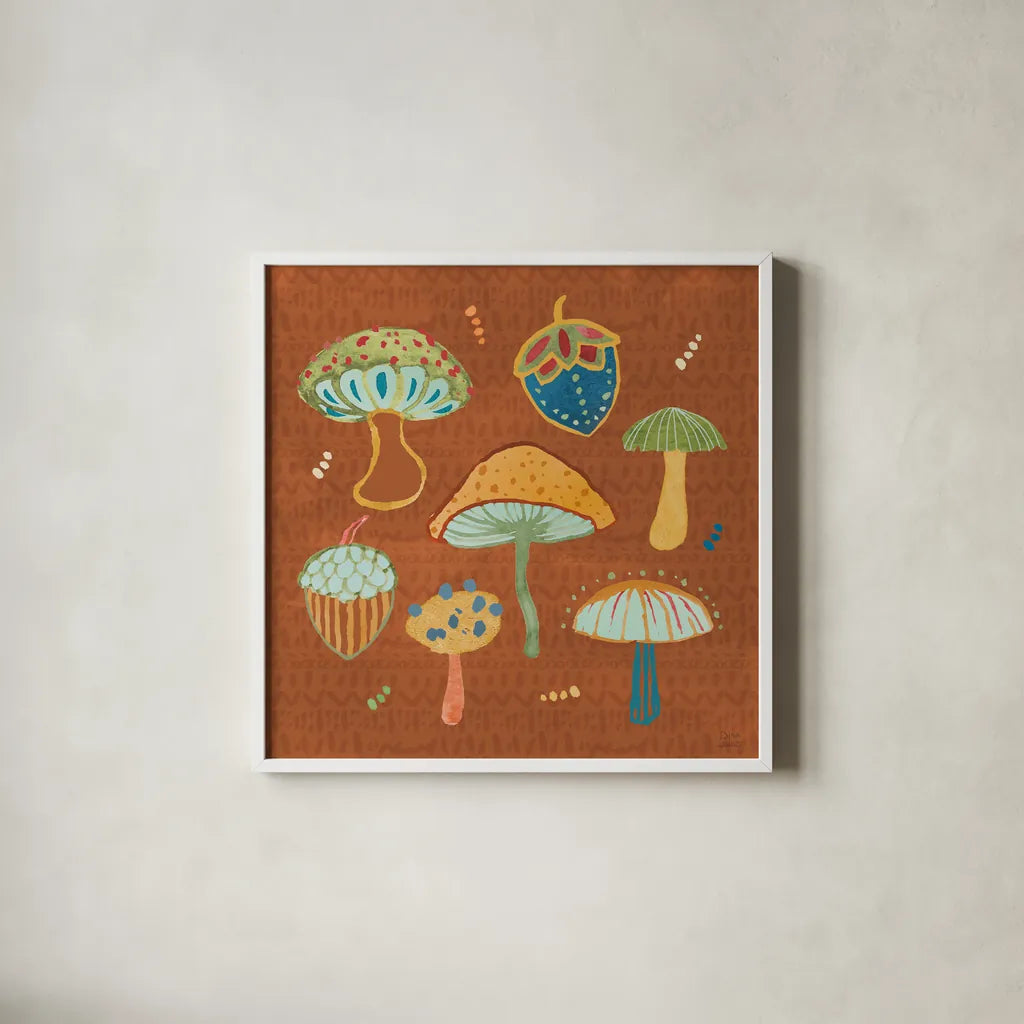 Harvest Whimsy IV by Dina June. Shown in a crisp white glass frame for a clean and minimalist style. Available as an archival giclee rolled canvas, fine art paper, or poster print. SKU 91923a.