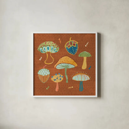 Harvest Whimsy IV by Dina June. Shown in a crisp white glass frame for a clean and minimalist style. Available as an archival giclee rolled canvas, fine art paper, or poster print. SKU 91923a.