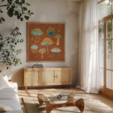 Harvest Whimsy IV by Dina June. Shown in a natural wood frame in a cozy modern living room. Available as an archival giclee rolled canvas, fine art paper, or poster print. SKU 91923a.