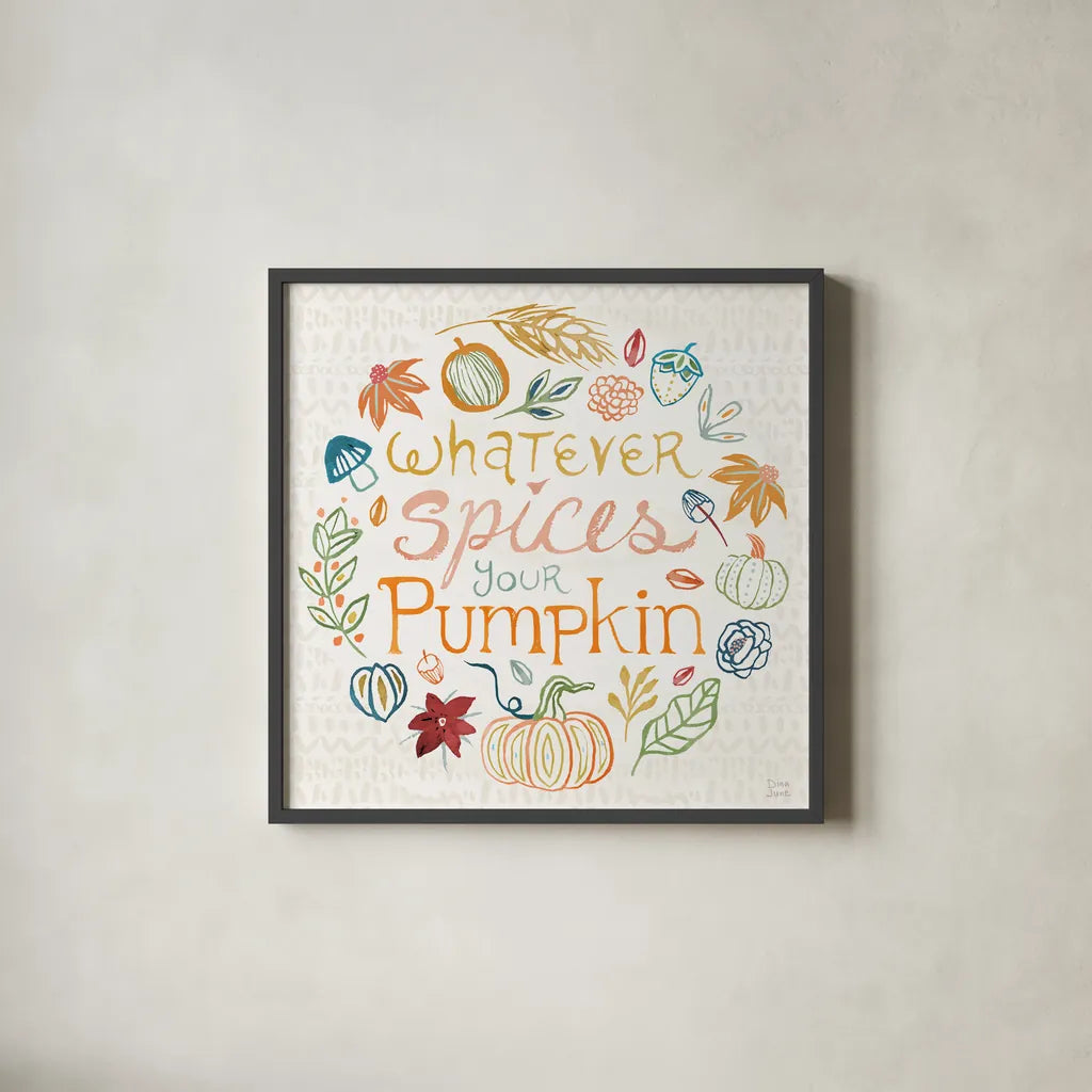 Harvest Whimsy IX by Dina June. Shown in a sleek black glass frame for a contemporary gallery look. Available as an archival giclee rolled canvas, fine art paper, or poster print. SKU 91928a.