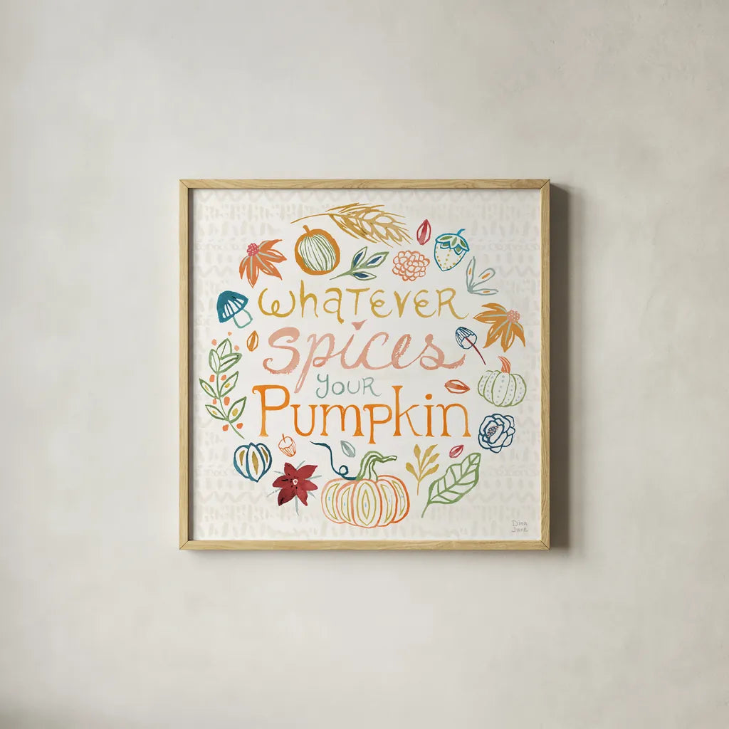 Harvest Whimsy IX by Dina June. Shown in a natural wood glass frame for a timeless modern aesthetic. Available as an archival giclee rolled canvas, fine art paper, or poster print. SKU 91928a.