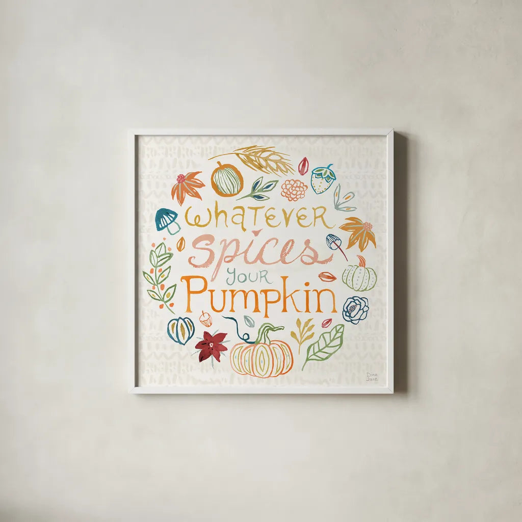 Harvest Whimsy IX by Dina June. Shown in a crisp white glass frame for a clean and minimalist style. Available as an archival giclee rolled canvas, fine art paper, or poster print. SKU 91928a.