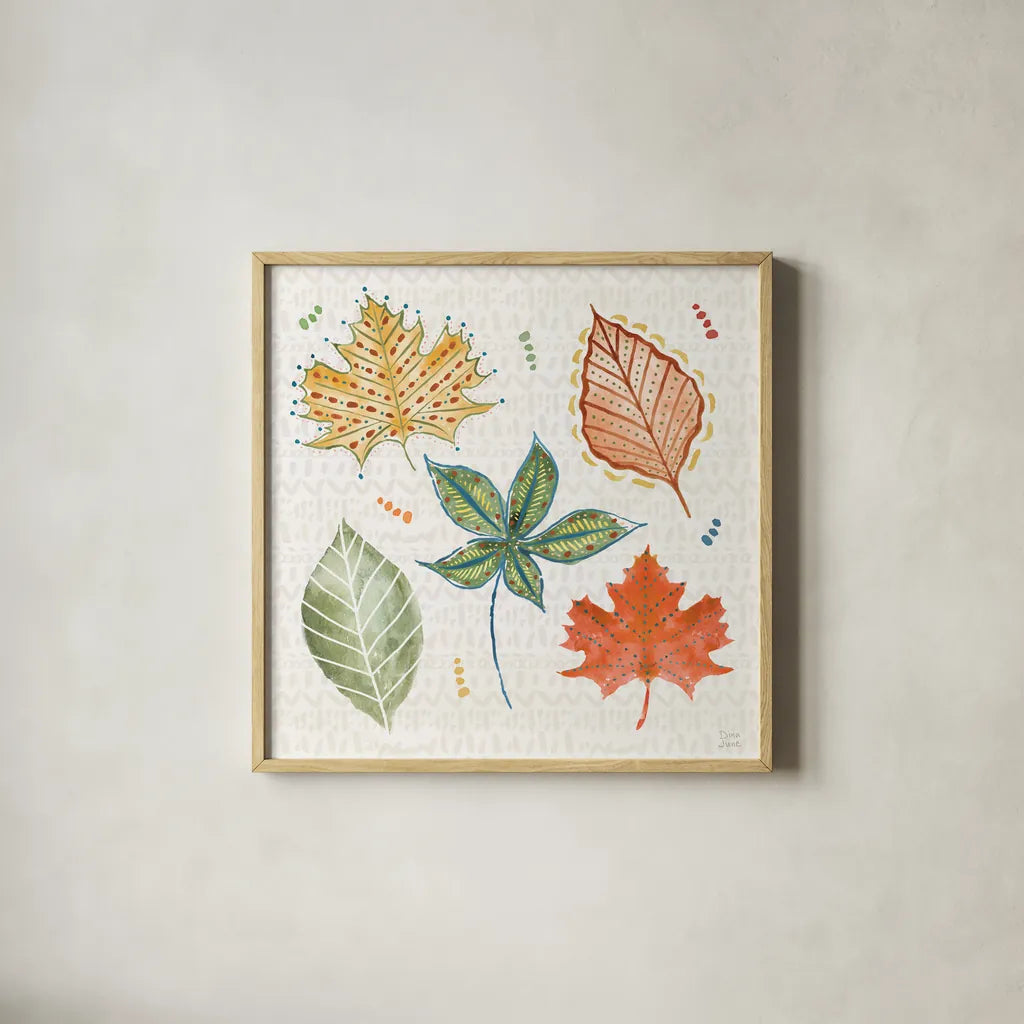 Harvest Whimsy V by Dina June. Shown in a natural wood glass frame for a timeless modern aesthetic. Available as an archival giclee rolled canvas, fine art paper, or poster print. SKU 91924a.