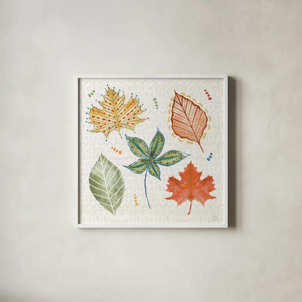 Harvest Whimsy V by Dina June. Shown in a crisp white glass frame for a clean and minimalist style. Available as an archival giclee rolled canvas, fine art paper, or poster print. SKU 91924a.
