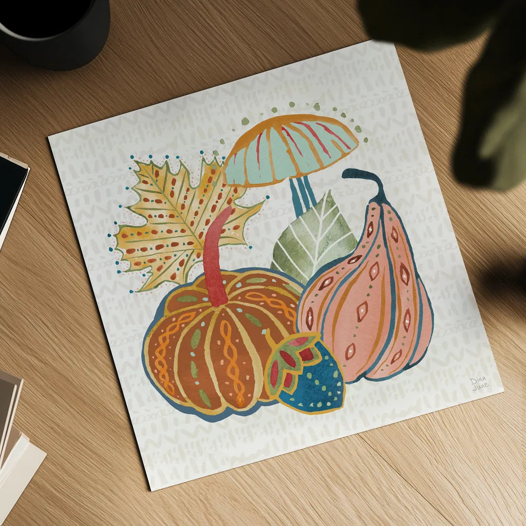 Harvest Whimsy VI by Dina June. Shown as a detailed flat fine art print, highlighting archival giclee quality. Available as an archival giclee rolled canvas, fine art paper, or poster print. SKU 91925a.
