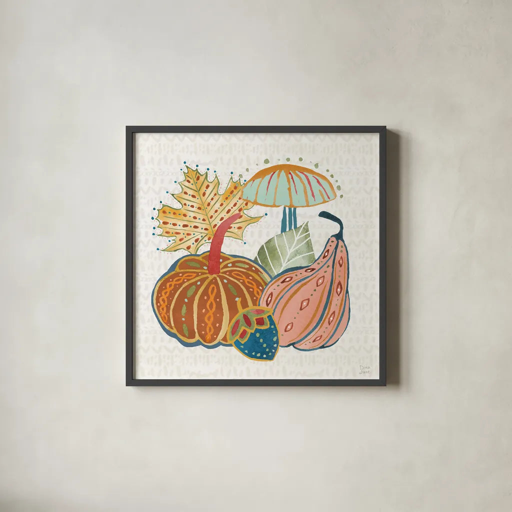 Harvest Whimsy VI by Dina June. Shown in a sleek black glass frame for a contemporary gallery look. Available as an archival giclee rolled canvas, fine art paper, or poster print. SKU 91925a.