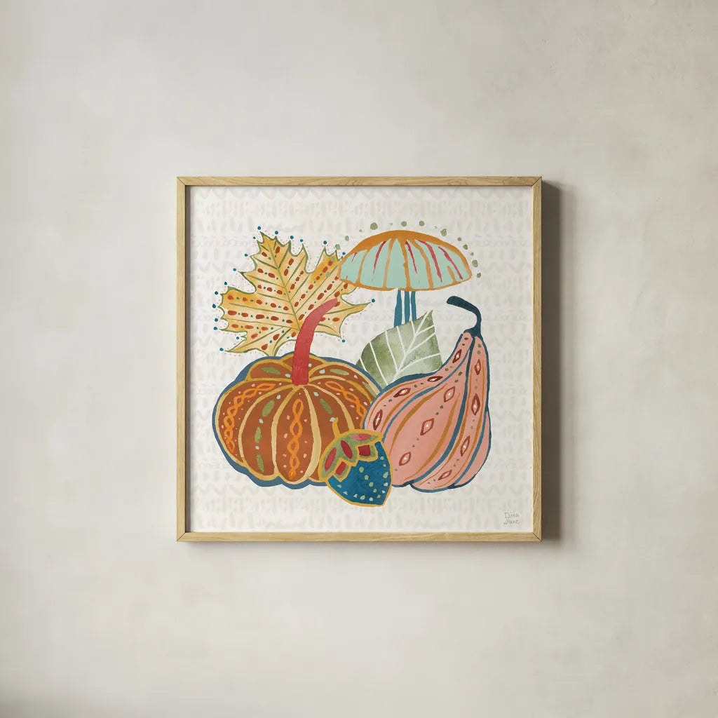 Harvest Whimsy VI by Dina June. Shown in a natural wood glass frame for a timeless modern aesthetic. Available as an archival giclee rolled canvas, fine art paper, or poster print. SKU 91925a.