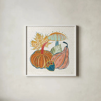 Harvest Whimsy VI by Dina June. Shown in a crisp white glass frame for a clean and minimalist style. Available as an archival giclee rolled canvas, fine art paper, or poster print. SKU 91925a.