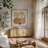 Harvest Whimsy VI by Dina June. Shown in a natural wood frame in a cozy modern living room. Available as an archival giclee rolled canvas, fine art paper, or poster print. SKU 91925a.