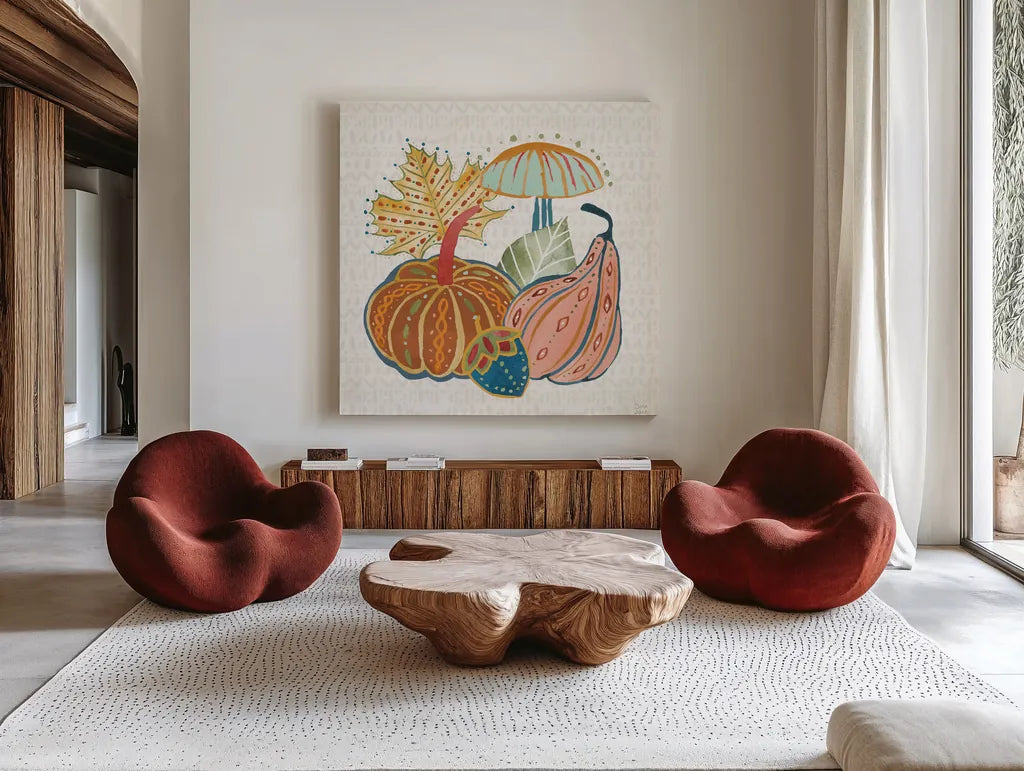 Harvest Whimsy VI by Dina June. Shown as extra-large giant wall art in a modern living room. Available as an archival giclee rolled canvas, fine art paper, or poster print. SKU 91925a.