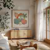 Harvest Whimsy VII by Dina June. Shown in a natural wood frame in a cozy modern living room. Available as an archival giclee rolled canvas, fine art paper, or poster print. SKU 91926a.