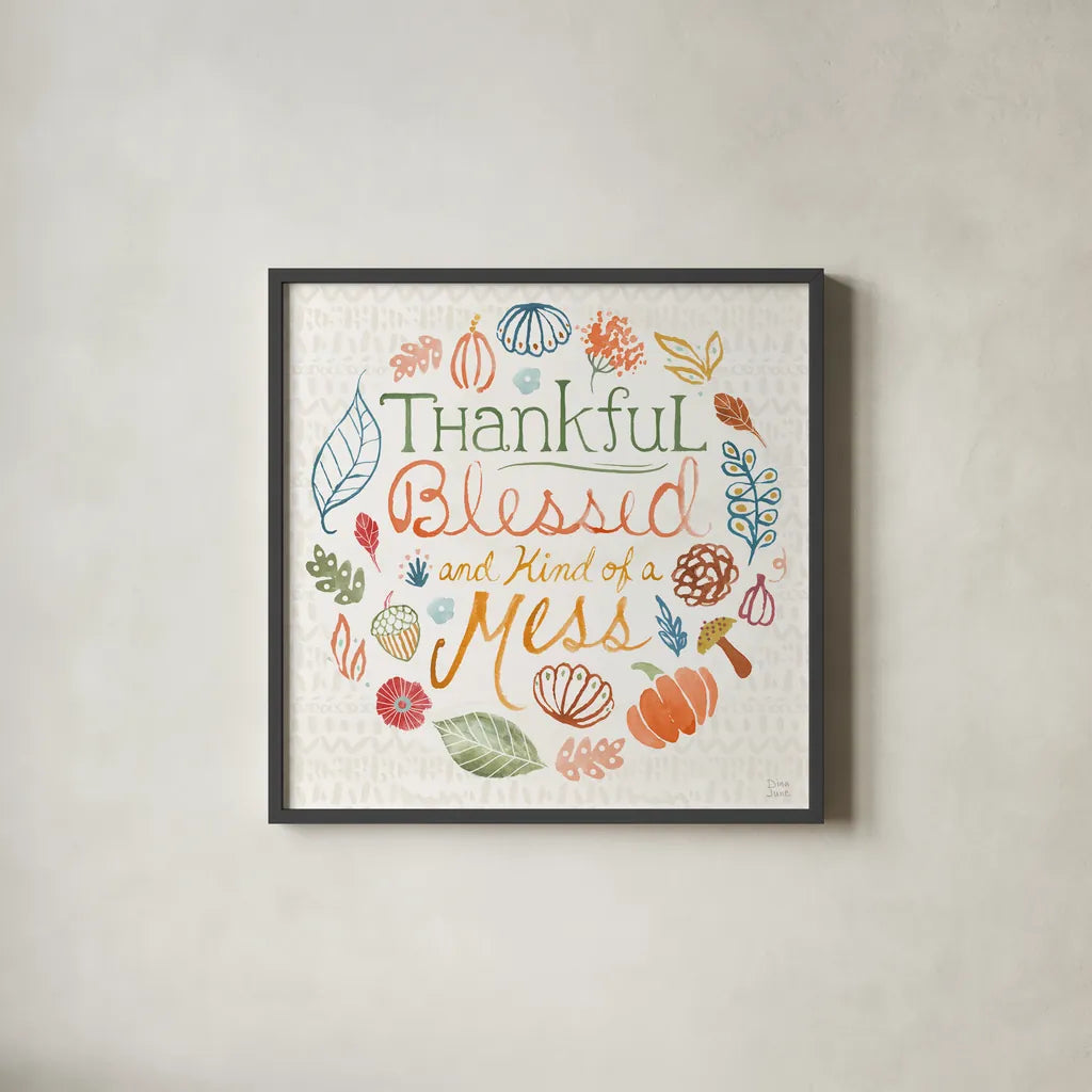 Harvest Whimsy VIII by Dina June. Shown in a sleek black glass frame for a contemporary gallery look. Available as an archival giclee rolled canvas, fine art paper, or poster print. SKU 91927a.