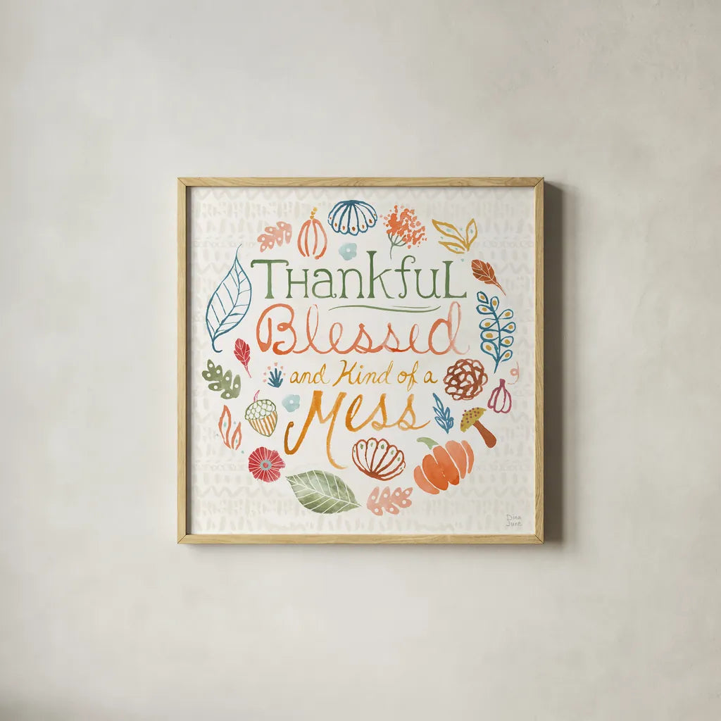 Harvest Whimsy VIII by Dina June. Shown in a natural wood glass frame for a timeless modern aesthetic. Available as an archival giclee rolled canvas, fine art paper, or poster print. SKU 91927a.