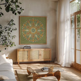 Harvest Whimsy X Color by Dina June. Shown in a natural wood frame in a cozy modern living room. Available as an archival giclee rolled canvas, fine art paper, or poster print. SKU 91931a.