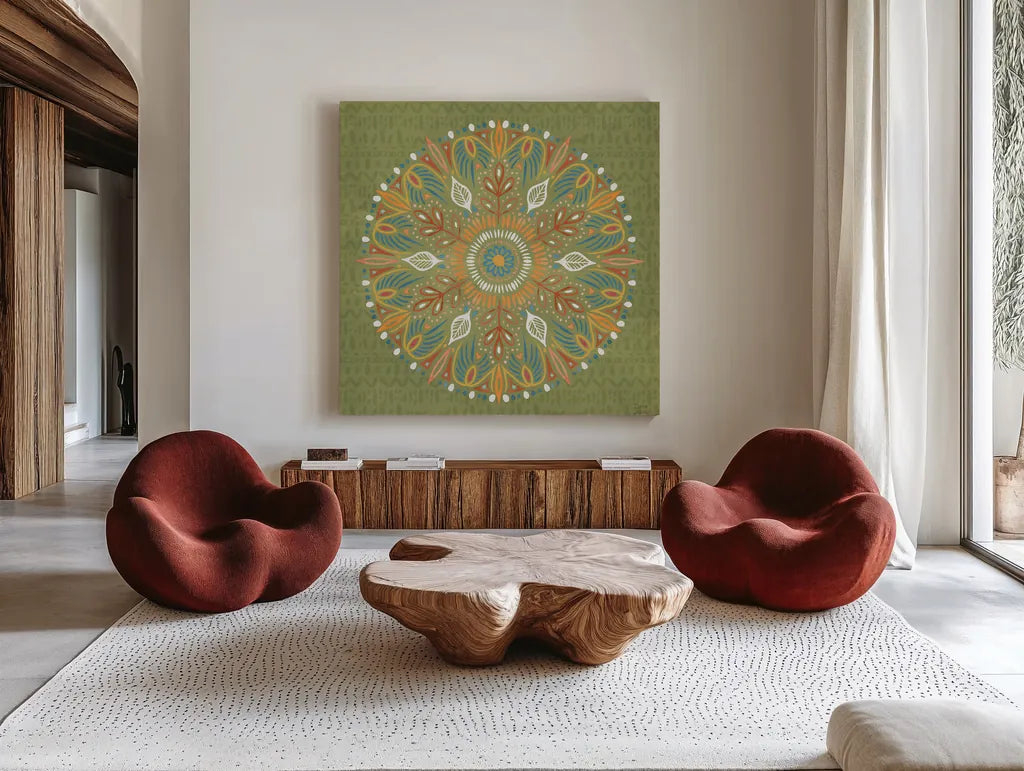 Harvest Whimsy X Color by Dina June. Shown as extra-large giant wall art in a modern living room. Available as an archival giclee rolled canvas, fine art paper, or poster print. SKU 91931a.